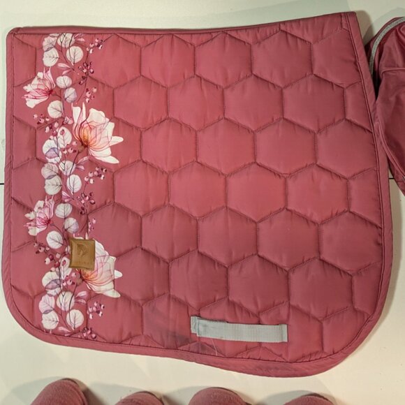 Dotibel Pink Floral Dressage Saddle Pad with Matching Fly Bonnet and Polo Wraps - Picture 2 of 2